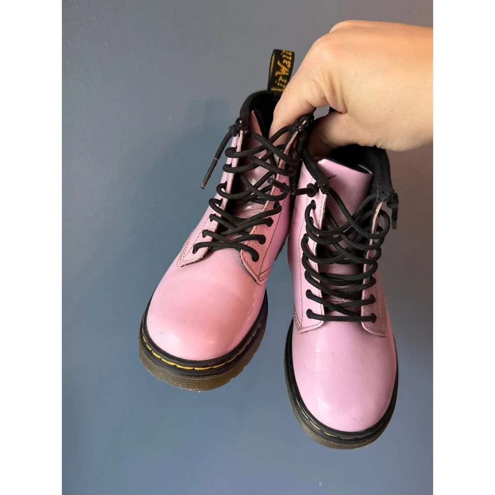Dr. Martens Delaney Pink Patent Leather Lace Up Side‎ Zip Boots Kids Size 10 US